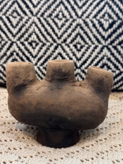 Mexican Pottery Candle Holder – Rustic Clay, Primitive Three-Spout Design