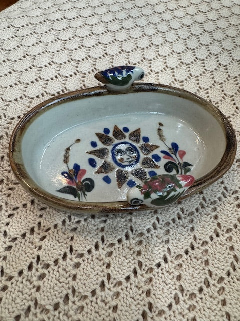 Mexican Pottery Dish – Oval Ceramic with Sun, Floral & Bird Design