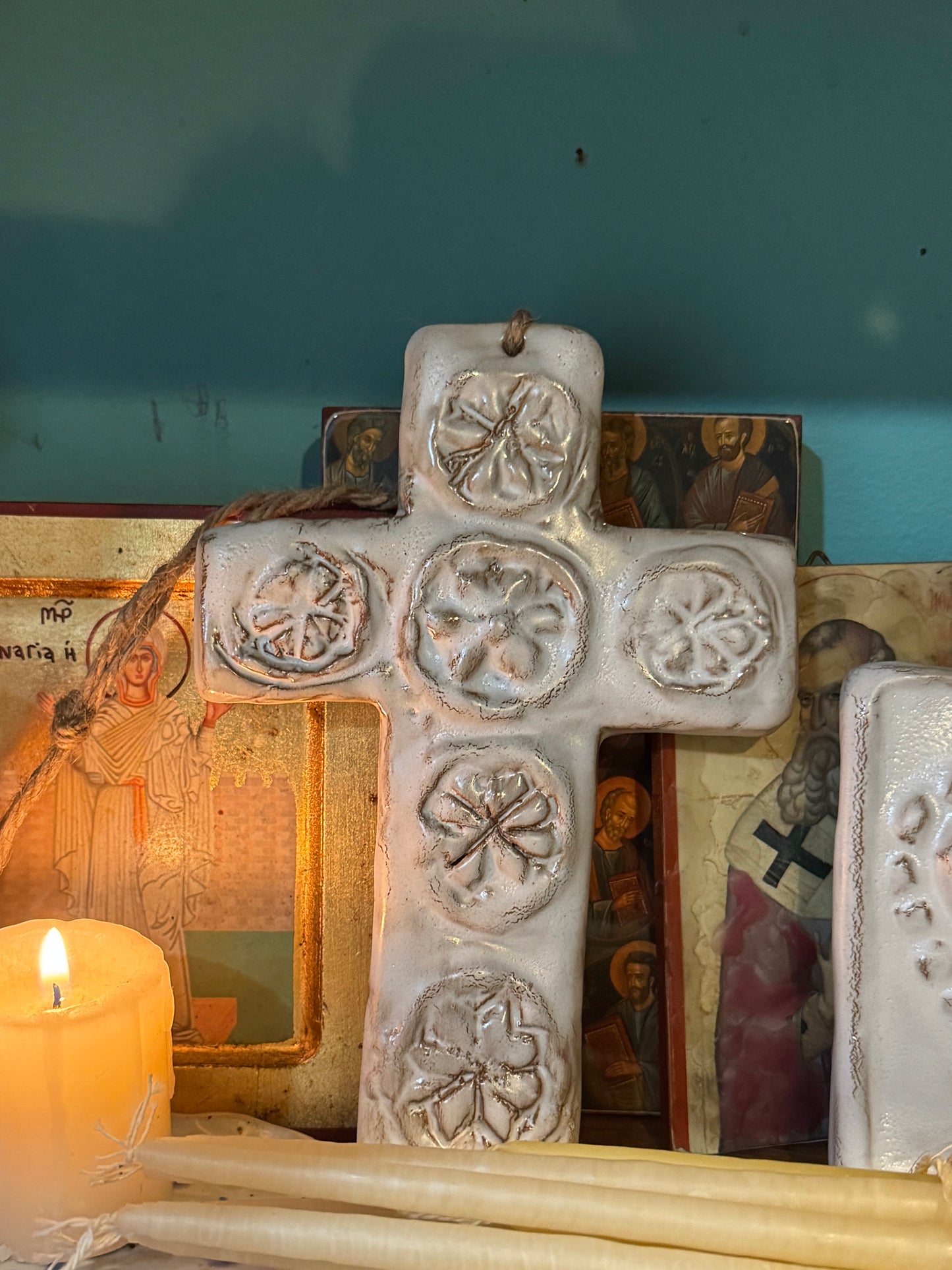 Handmade Ceramic Cross with Floral Motif – Inspired by Traditional Cypriot Crosses (6.5 x 4.75 in)