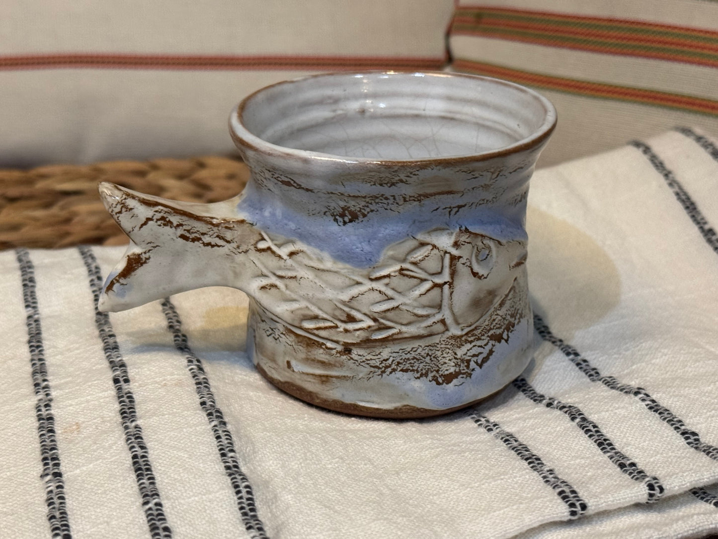 Handmade Ceramic Coffee Mug – Light Blue with Fish Tail Handle, from Cyprus (8 oz)