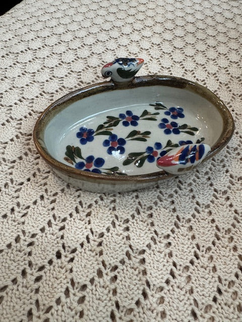 Mexican Pottery Serving Dish – Oval Ceramic with Blue Morning Flower & Bird Design