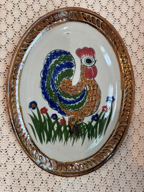 Mexican Pottery Plate – Oval Ceramic with Colorful Rooster & Wildflowers