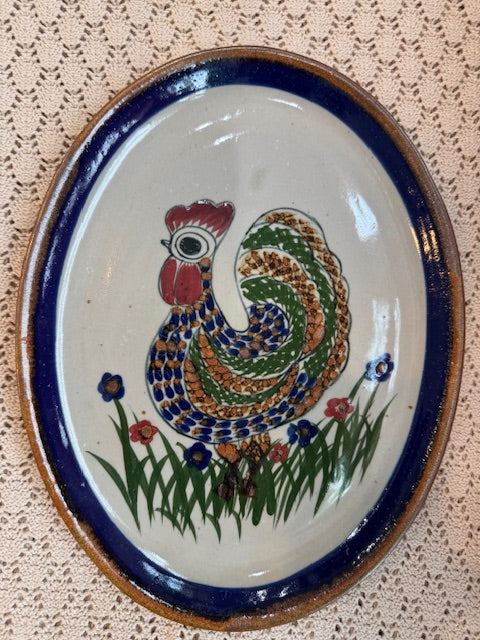 Mexican Pottery Plate – Oval Ceramic with Colorful Rooster & Wildflowers