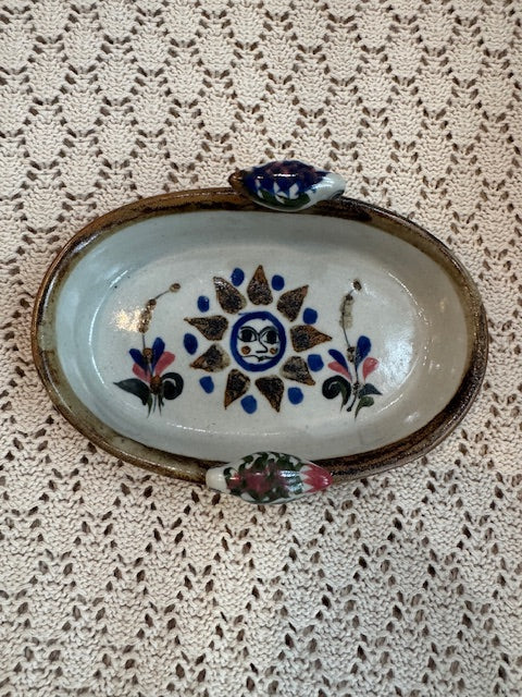 Mexican Pottery Dish – Oval Ceramic with Sun, Floral & Bird Design