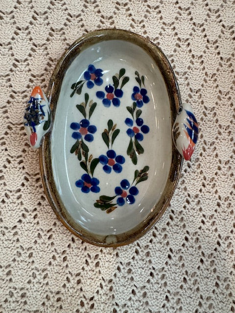 Mexican Pottery Serving Dish – Oval Ceramic with Blue Morning Flower & Bird Design
